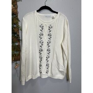 alfred dunner Womens Sweater Cotton Blend Cream with Gray Long Sleeve Embroidery